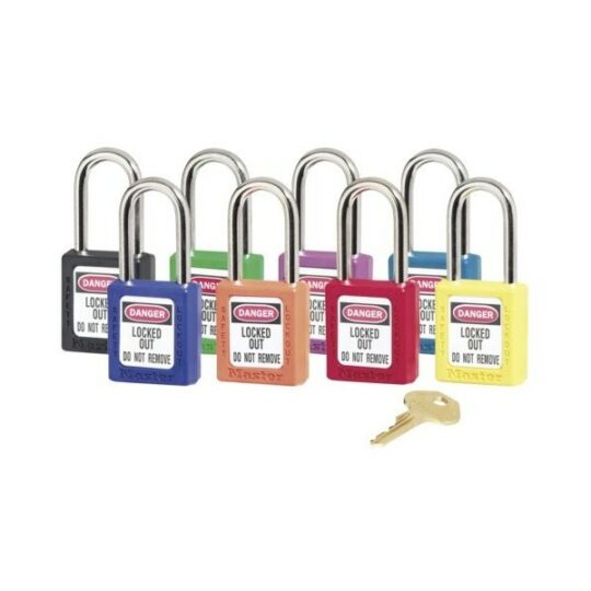 Zenex lockout padlock, good chemical, UV and corrosion resistance, delivered with a single key, identification possible by labels and/or engraving, steel handle, key retainer